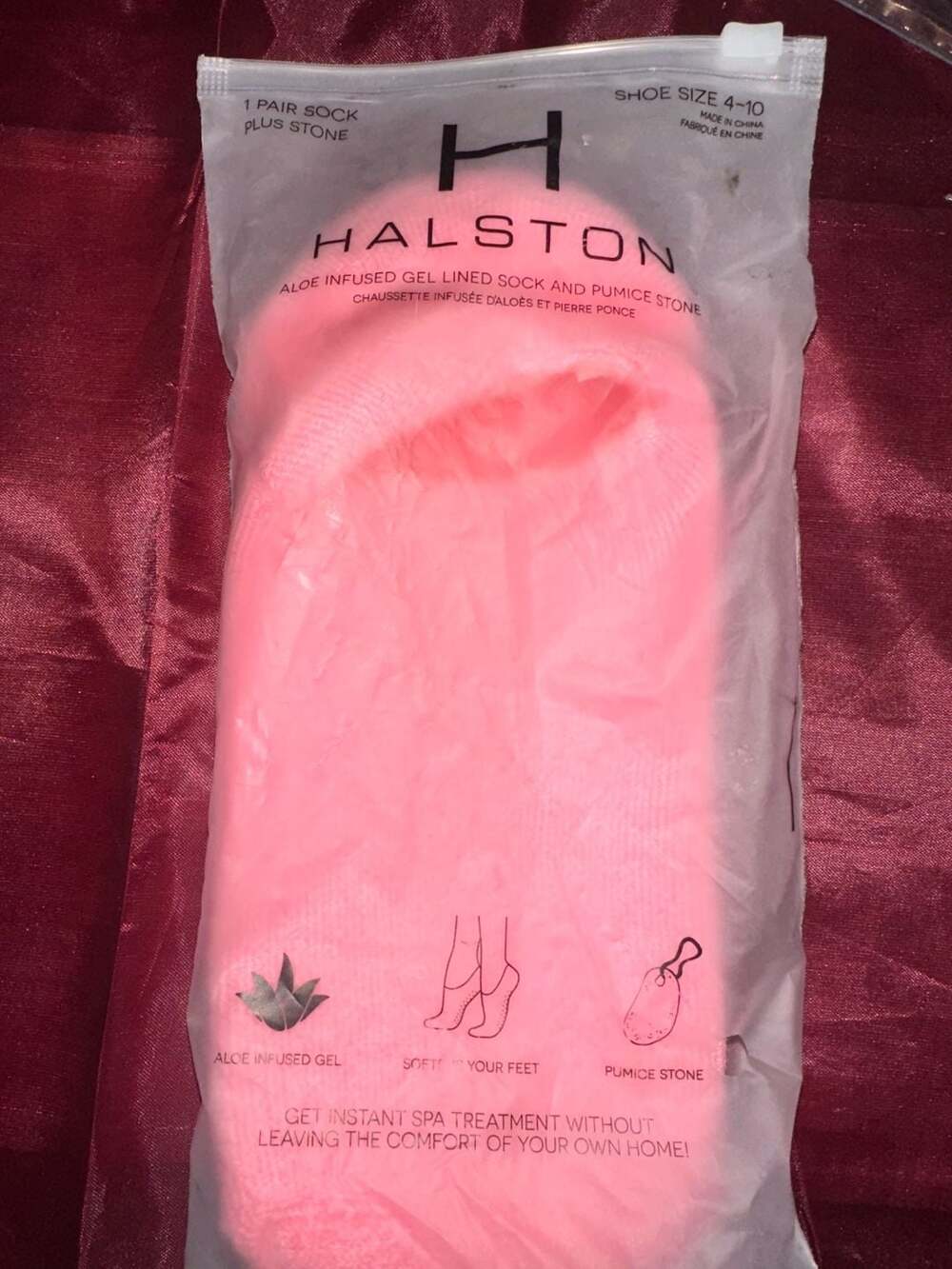 Halston Aloe Infused Gel Lined Sock and Pumice Stone Set Pink Shoe Size 4-10